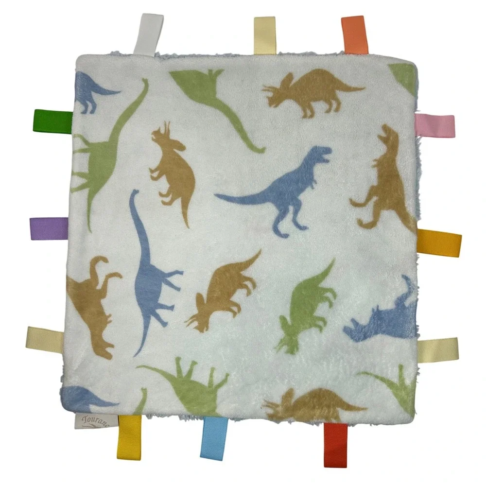 Tourance Baby Dinosaur Sensory Taggy‎ Blanket Blue Plush Faux Fur Ribbon Loops